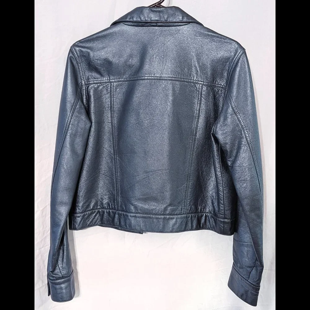 DKNY JEANS Size L *Metallic* Blue Gray L/S LEATHER Jacket, Lined & Denim-Style - Picture 3 of 5